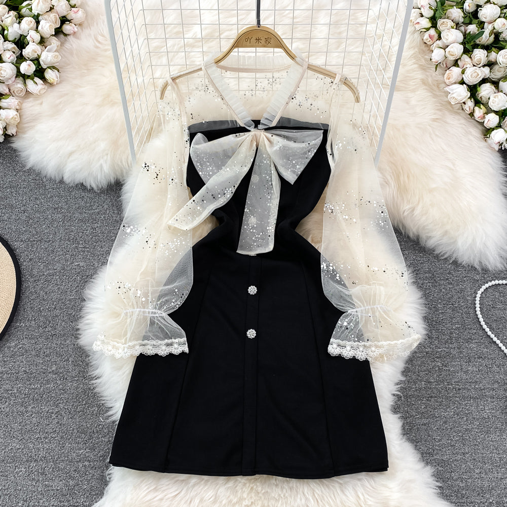 Women Clothes Temperament Robe Patchwork Gauze Black Dress V-neck Lace    S555