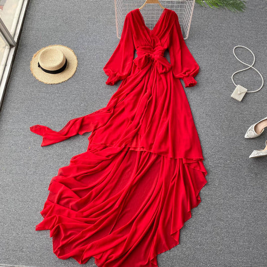 Red Irregular Long Dress    S581