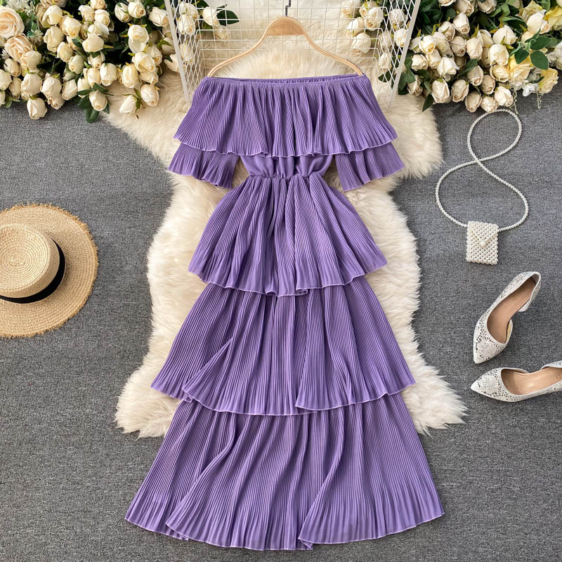 Spring Party Dress Women Off Shoulder Layer Ruffles Slim Chiffon     S550