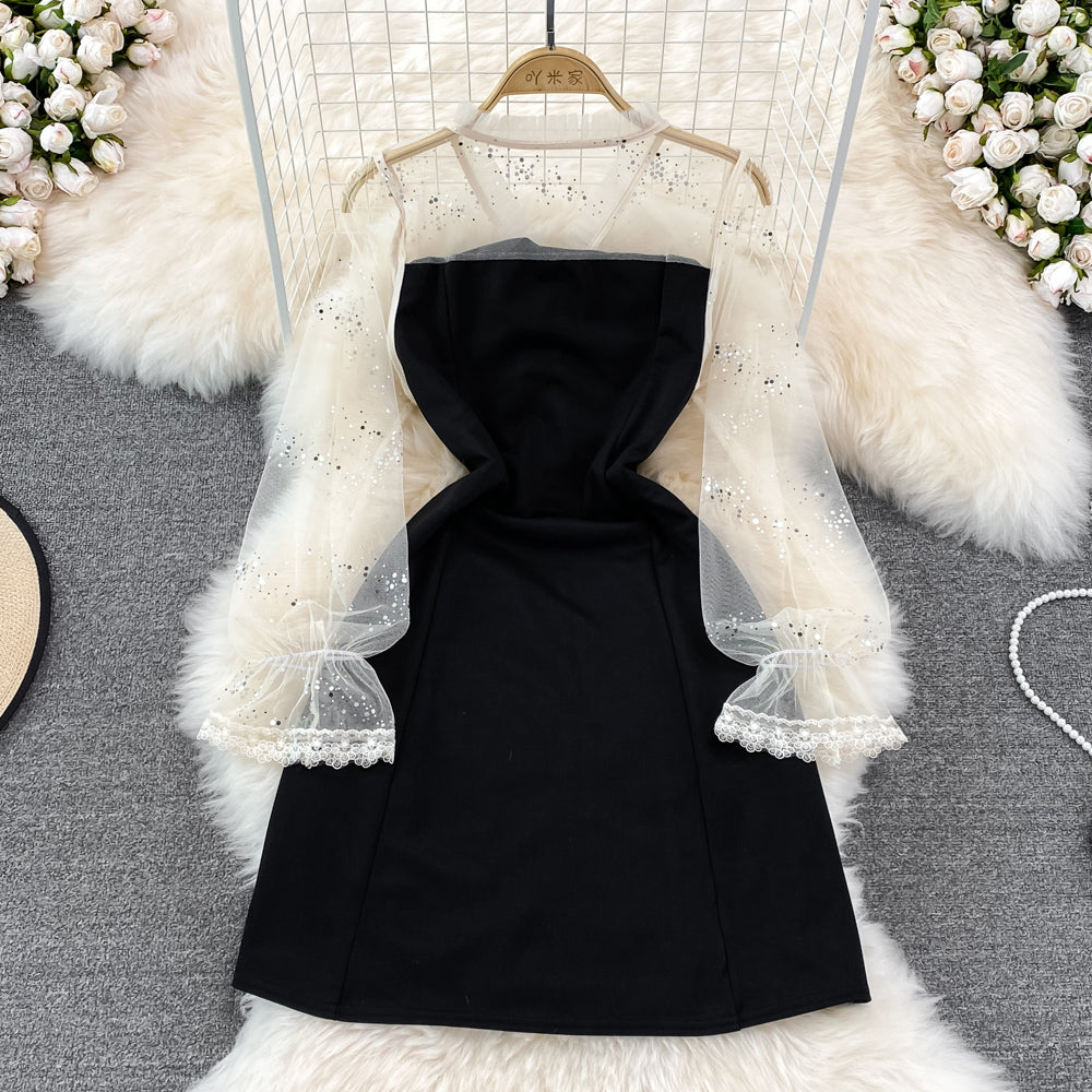 Women Clothes Temperament Robe Patchwork Gauze Black Dress V-neck Lace    S555