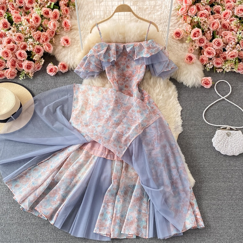 Chiffon Floral Strap Dress    S538