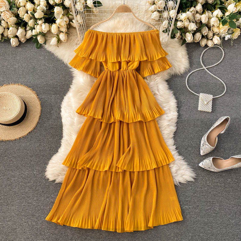 Spring Party Dress Women Off Shoulder Layer Ruffles Slim Chiffon     S550