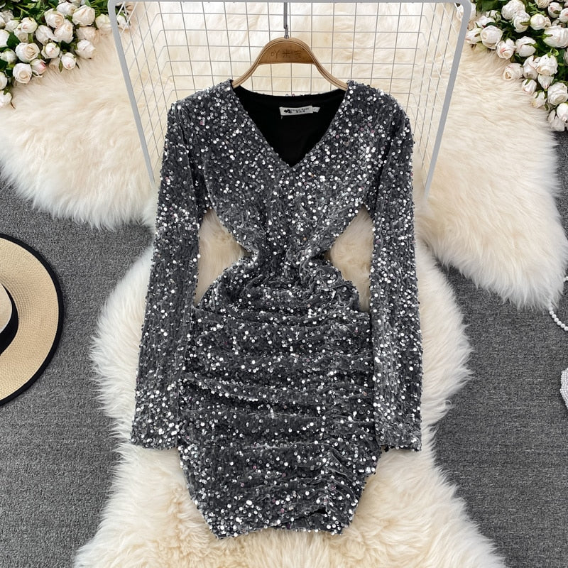 V-neck Sequins Glitter Dress    S577