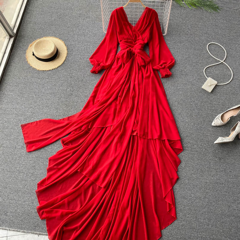 Red Irregular Long Dress    S581