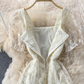 French Square Neck Lace Dress Elegant Women Summer Short Sleeve Mesh       S548