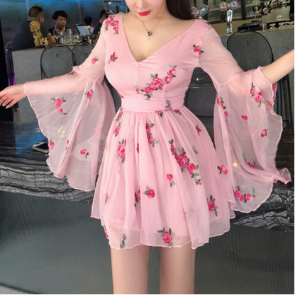 Summer Flower Embroidery Light Pink Dress    S545