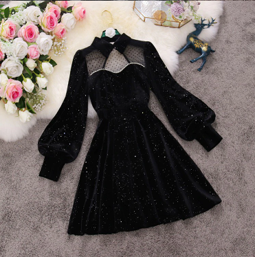 Elegant Sequins Velvet Mesh Long Sleeve Party Dress     S542