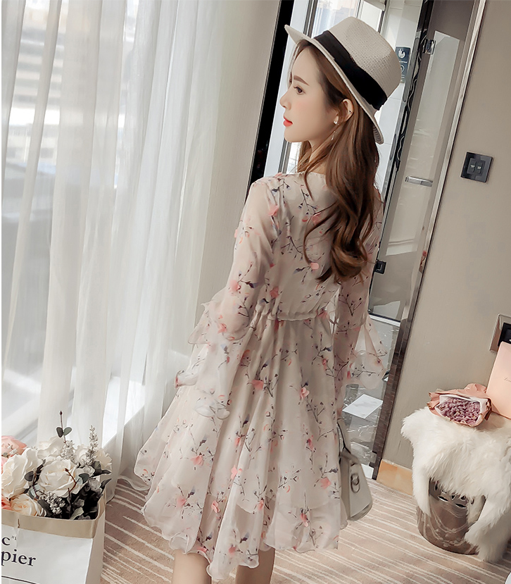 Lady Elegant Chiffon Dress Summer High Elastic Waist Ruffles Sleeve V-neck   S552