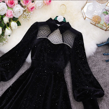 Elegant Sequins Velvet Mesh Long Sleeve Party Dress     S542