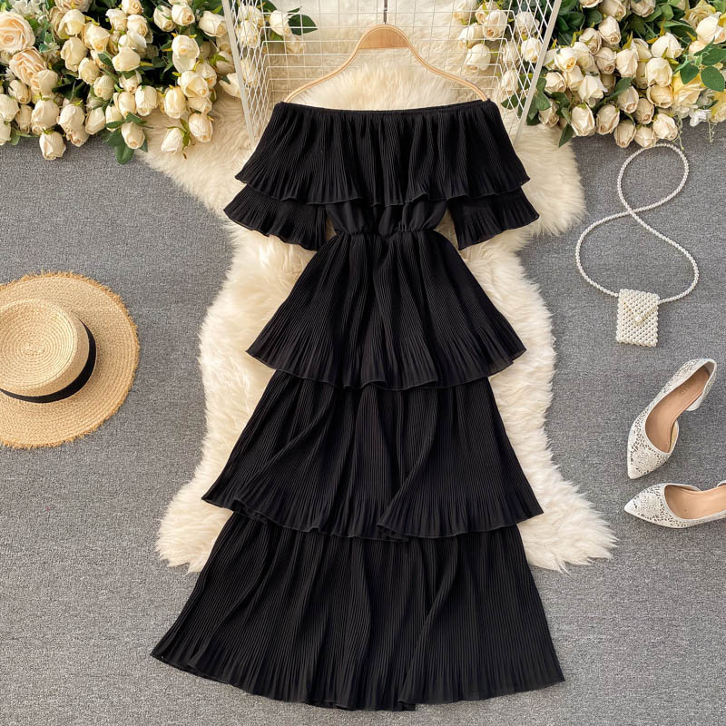 Spring Party Dress Women Off Shoulder Layer Ruffles Slim Chiffon     S550