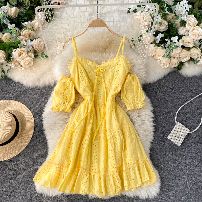 Sexy Off Shoulder Yellow/White Dress Slim Jacquard Hollow   S553