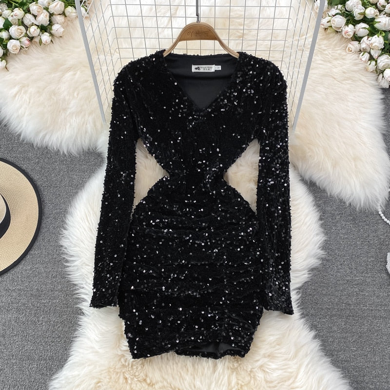 V-neck Sequins Glitter Dress    S577