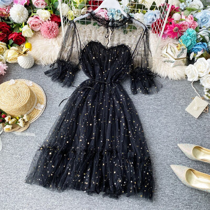 Party Dresses Bright Summer Women Mesh Ruffles Waistband Stars Sequined      S549