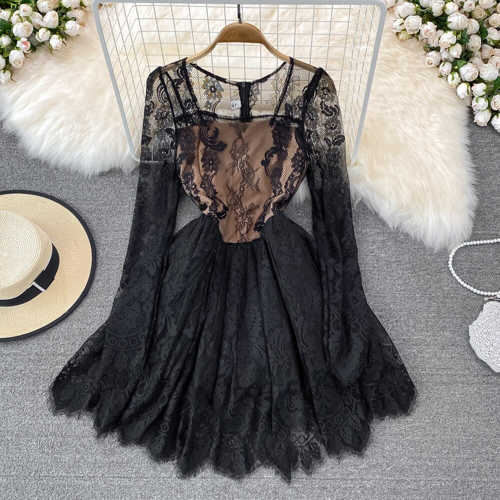 Sexy Hollow Out Mesh Lace Mini Dress Fashion Spring Summer Long Sleeve       S547