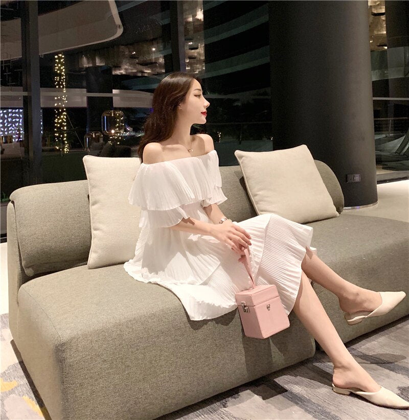 Spring Party Dress Women Off Shoulder Layer Ruffles Slim Chiffon     S550